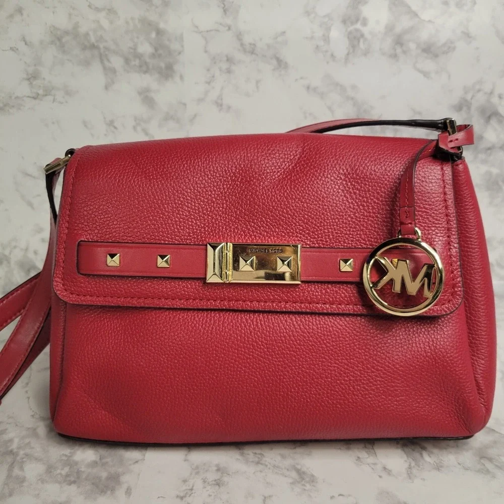 Michael Kors Red‎ Pebbled Leather Studded Flap Crossbody Bag Gold Hardware